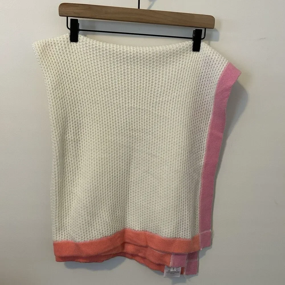 Lambs & Ivy Baby Blanket Cream With Satin Trim Pink And Orange Waffle Knit 47x37